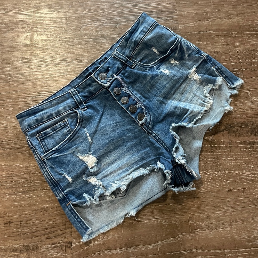 Rue21 Low rise Blue Distressed Jean Denim Shorts Jorts Cutoffs Button Up